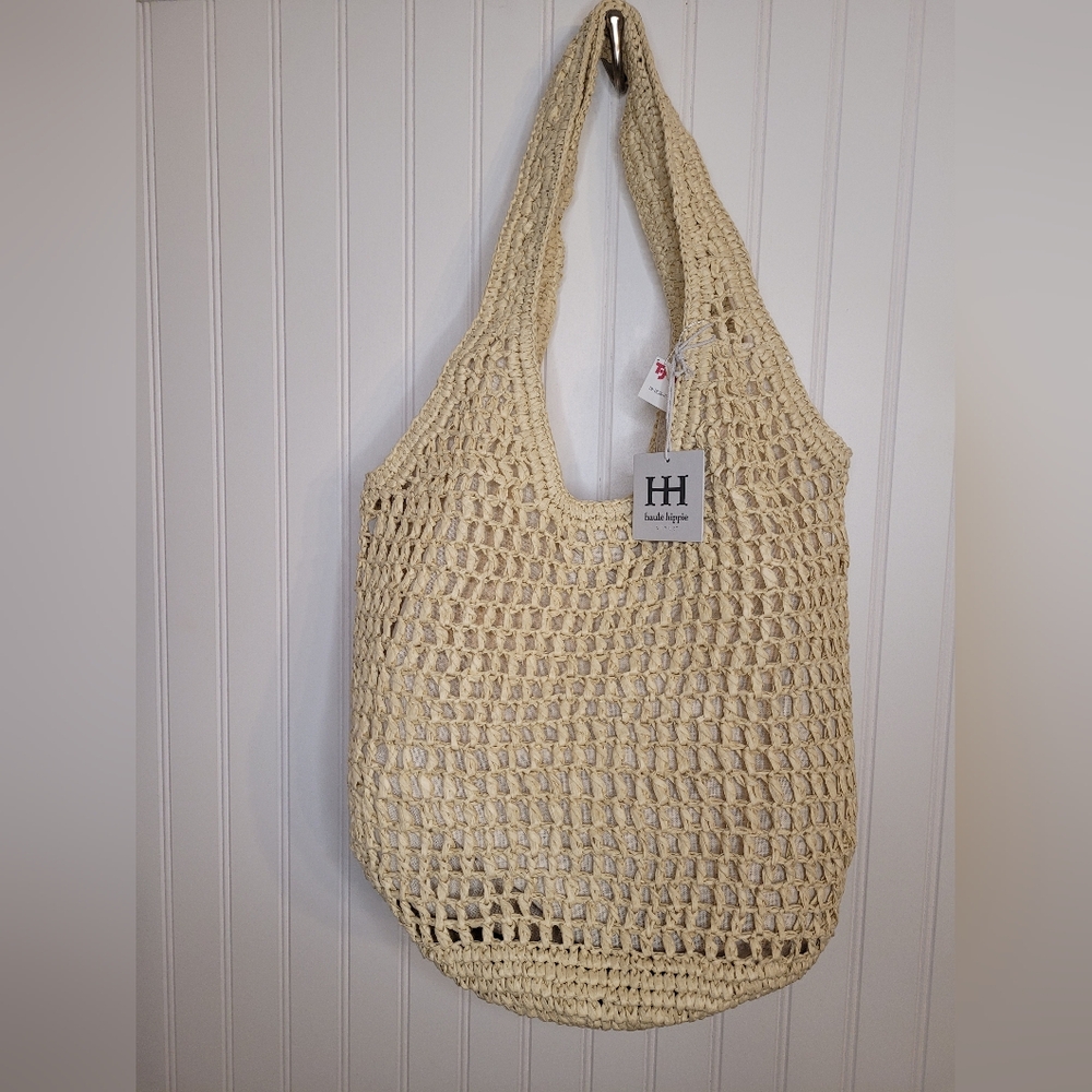 Haute Hippie Beige Woven Raffia Boho Tote Bag NWT